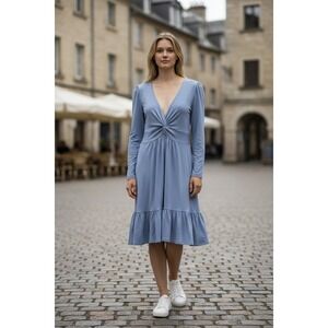 Maison Tara Dress Women Blue Twist Front Tiered Ruffle Long Sleeve 14W